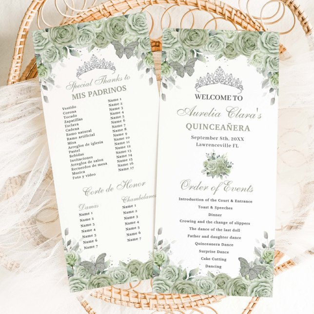 Sage Green Floral Silver Quinceañera Order Events Program (sage green floral silver quinceanera order of events padrinos list court of honor slim cards)