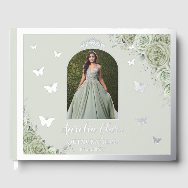 Sage Green Floral Silver Quinceañera Quince Photo Guest Book (Front)