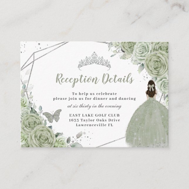 Sage Green Floral Silver Quinceañera Reception Enclosure Card (Front)