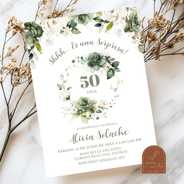 Sage Green Floral Sorpresa Mexican Invitation (Creator Uploaded)