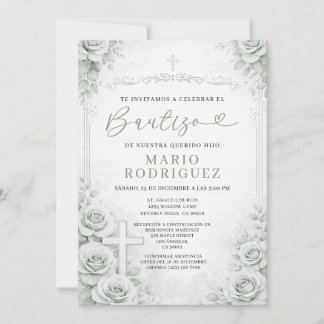 Sage Green Floral Spanish Baptism Religion Cross Invitation