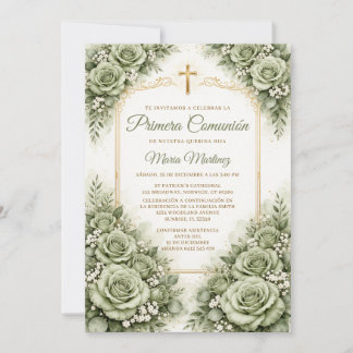 Sage Green Floral Spanish Primera Comunión Cross Invitation