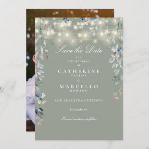 Sage Green Floral String Lights Photo Wedding Save The Date