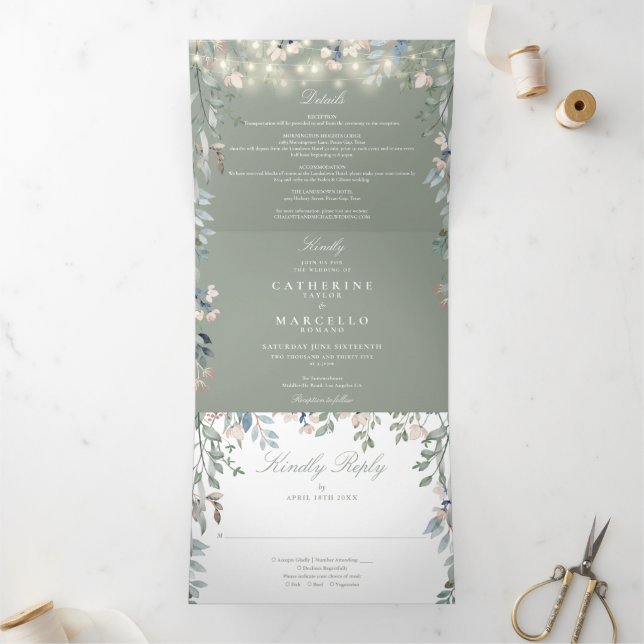 Sage Green Floral String Lights Photo Wedding Tri-Fold Invitation (Inside)