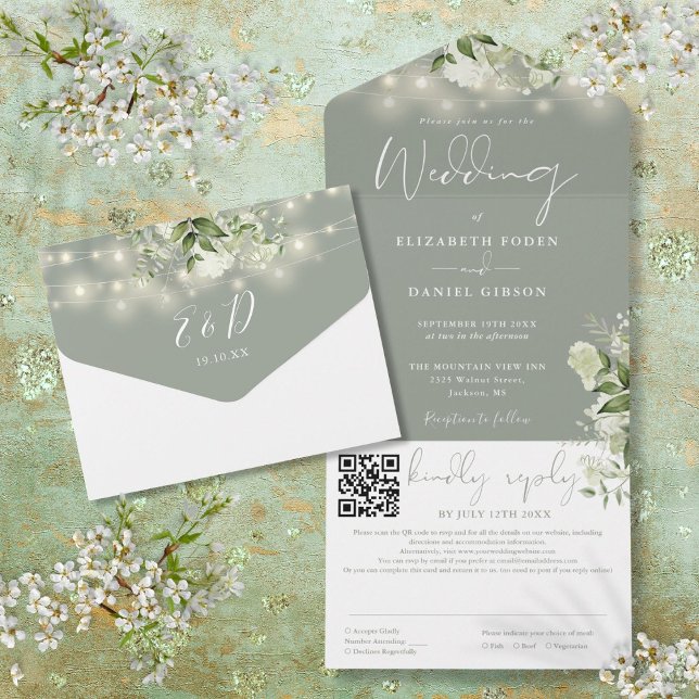 Sage Green Floral String Lights QR Code Wedding All In One Invitation (Sage Green Floral String Lights QR Code Wedding All In One Invitation)