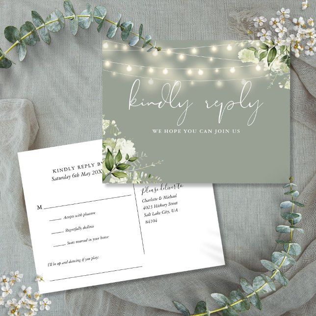 Sage Green Floral String Lights Song Request RSVP Invitation Postcard (Sage Green Floral String Lights Song Request RSVP Invitation Postcard)