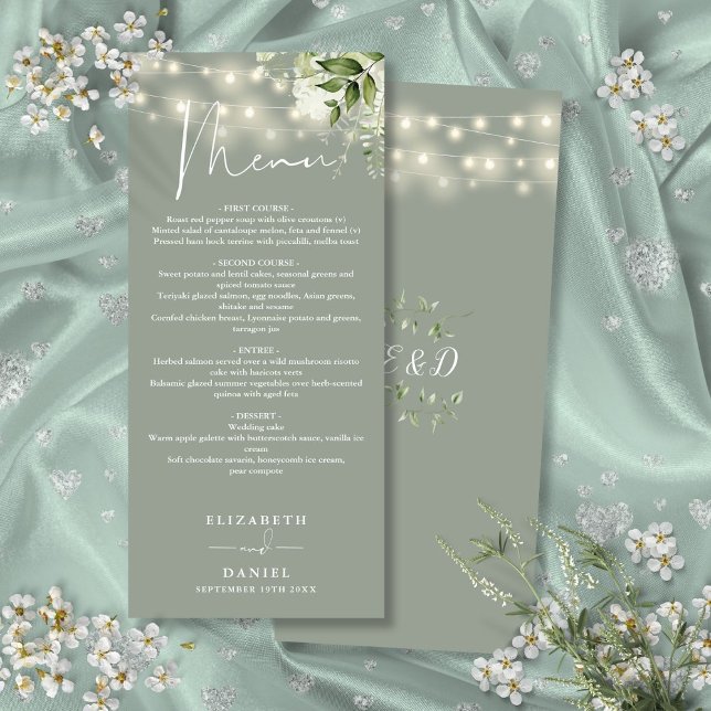 Sage Green Floral String Lights Wedding Dinner Menu (Sage Green Floral String Lights Wedding Dinner Menu)