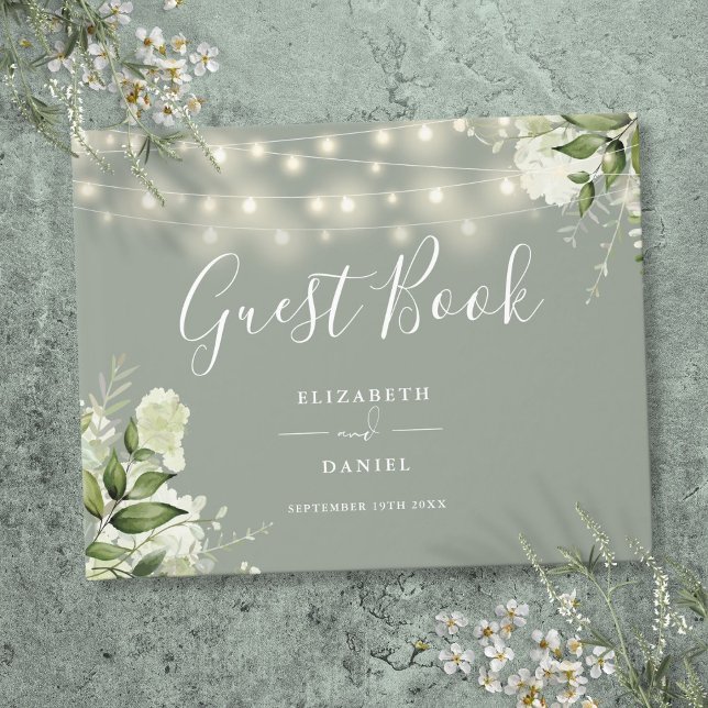 Sage Green Floral String Lights Wedding Guest Book (Sage Green Floral String Lights Wedding Guest Book)