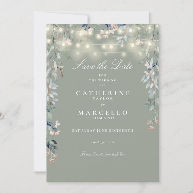 Sage Green Floral String Lights Wedding Save The Date (Front)