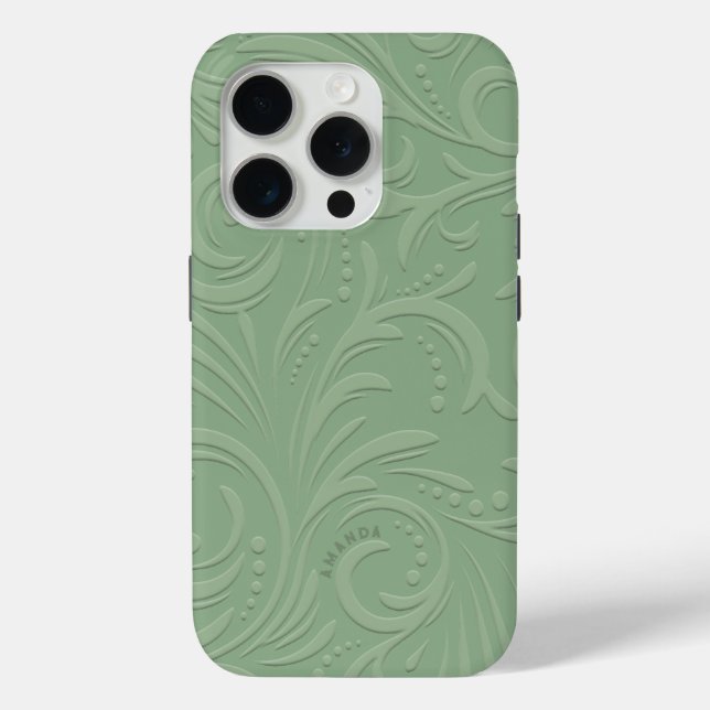 Sage Green Floral Swirls Monochromatic Monogram Case-Mate iPhone Case (Back)