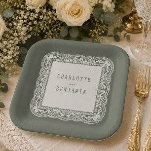 Sage Green Floral Vintage Lace Bridal Shower Paper Plate