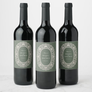 Sage Green Floral Vintage Lace Classic Wedding Wine Label