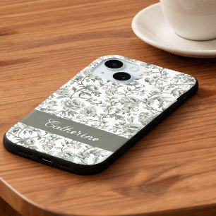 Sage Green Floral Vintage Toile Monogram  iPhone 15 Case