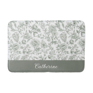 Sage Green Floral Vintage Toile Monogram Name Bath Mat