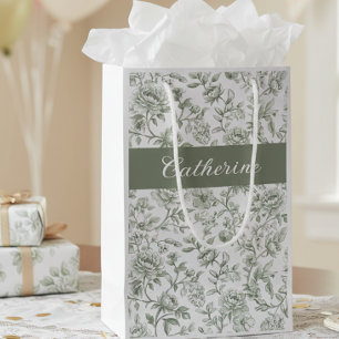 Sage Green Floral Vintage Toile Monogram Name Small Gift Bag