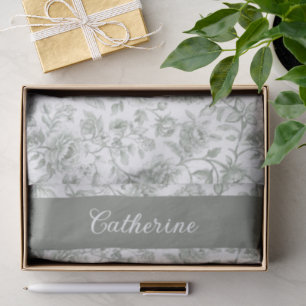 Sage Green Floral Vintage Toile Name Tissue Paper