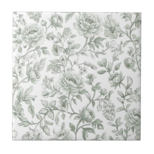 Sage Green Floral Vintage Toile Pattern  Ceramic Tile