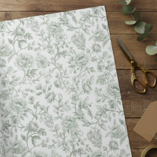 Sage Green Floral Vintage Toile Pattern Wrapping Paper