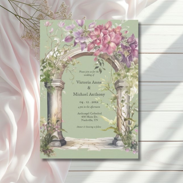 Sage Green Floral Watercolor Arch Wedding Invitation (Creator Uploaded)