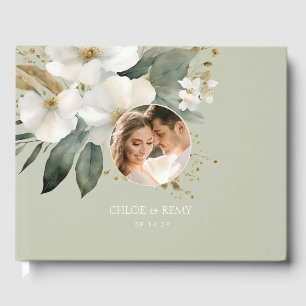 Sage Green   Floral Watercolor Photo Wedding  Guest Book