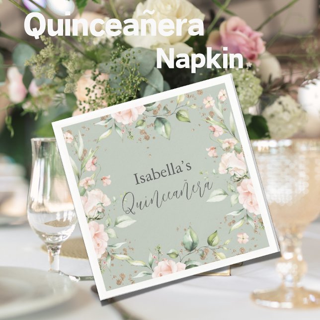 Sage Green Floral Watercolor Quinceañera Paper Napkin (Creator Uploaded)