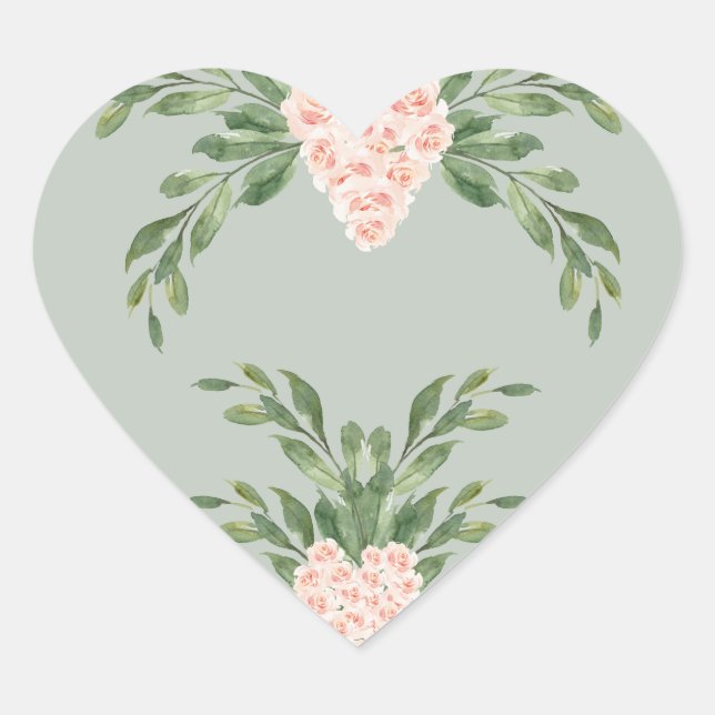 Sage Green Floral Watercolor Romantic Wedding Heart Sticker (Front)