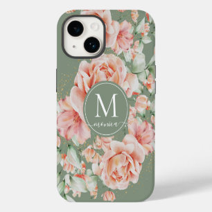 Sage Green Floral Watercolor Rose Pattern Monogram iPhone 14 Case