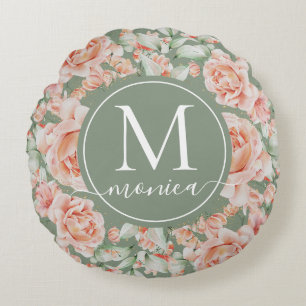 Sage Green Floral Watercolor Rose Pattern Monogram Round Cushion