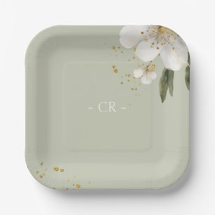 Sage Green Floral Watercolor Wedding Initials Paper Plate