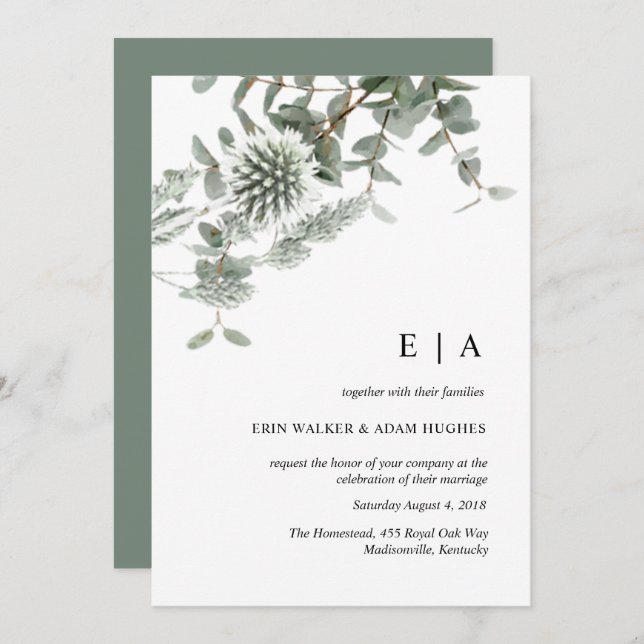 Sage green floral watercolor wedding invitation (Front/Back)