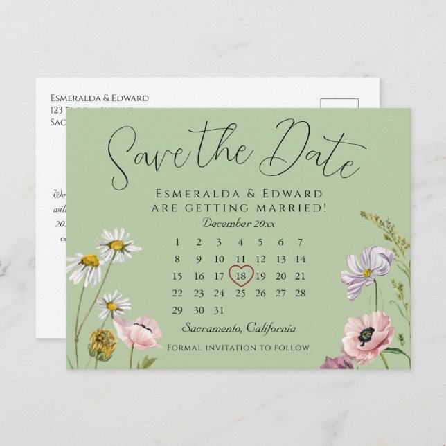 Sage Green Floral Wedding Calendar Save The Date Announcement Postcard (Front/Back)