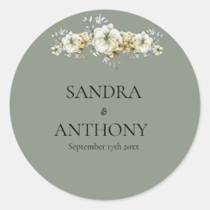 Sage Green Floral Wedding  Classic Round Sticker