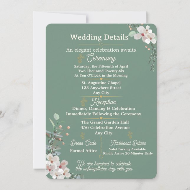 Sage Green Floral Wedding Details Card Editable (Front)