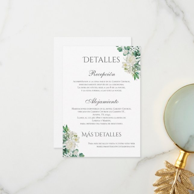 Sage Green Floral Wedding Details in Spanish Thank You Card (Front/Back In Situ)