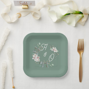 Sage Green Floral Wedding Paper Plate