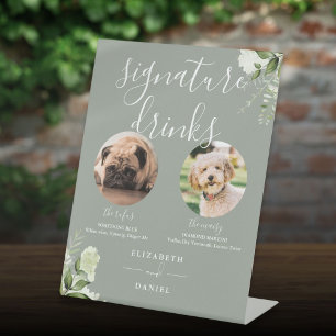 Sage Green Floral Wedding Pet Dog Signature Drinks Pedestal Sign