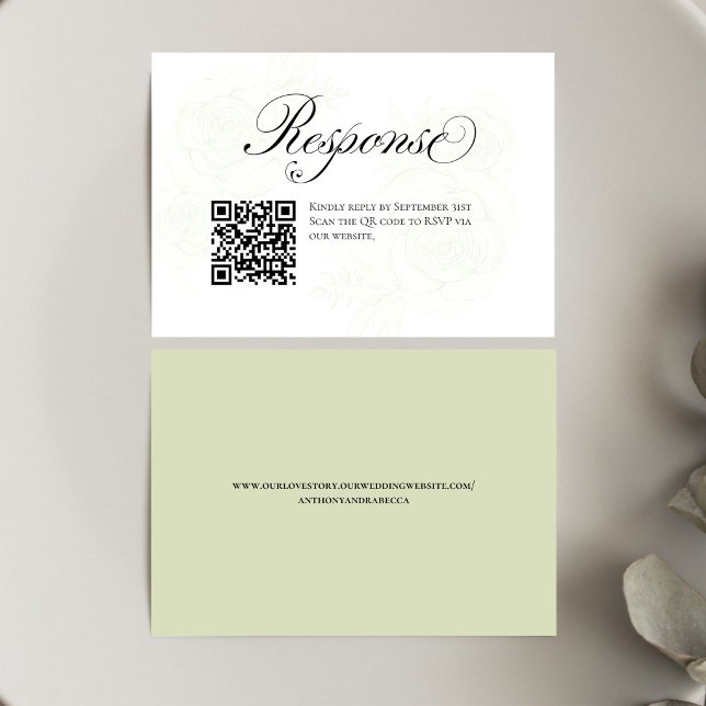 Sage Green Floral Wedding QR Code RSVP Insert Card (Elegant sage green floral QR code RSVP card with modern script and easy scan response)
