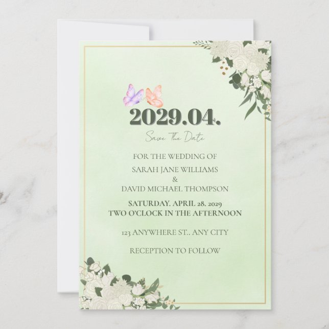 Sage Green Floral Wedding Save the Date Card (Front)