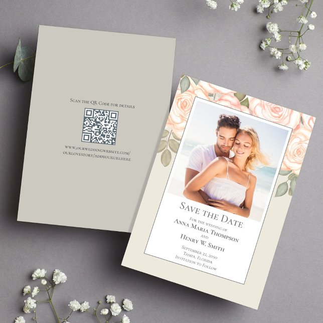 Sage Green Floral Wedding Save the Date Photo (Sage green blush floral save the date photo card. With a scannable QR code. )