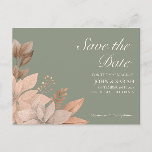 Sage Green Floral Wedding Save the Date Postcard (Front)