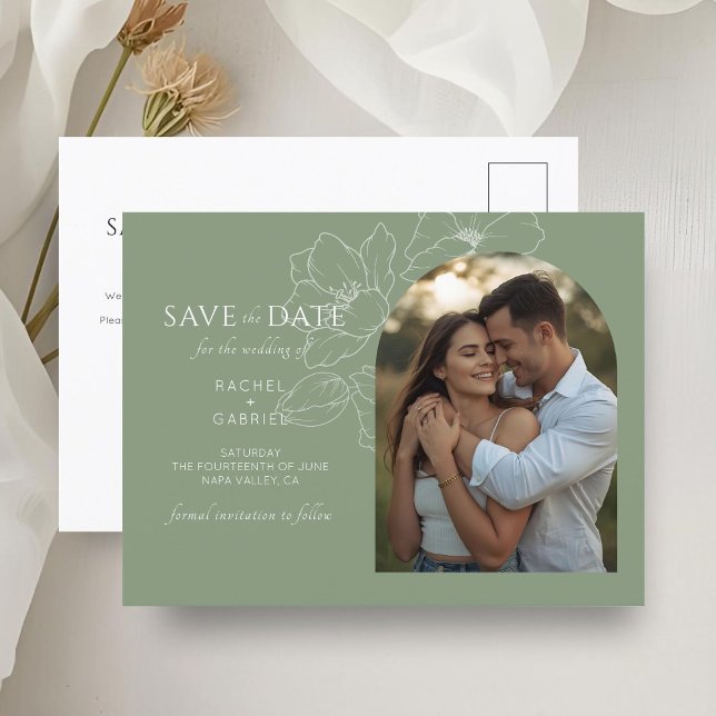 Sage Green | Floral Wedding Save the Date Postcard (Creator Uploaded)