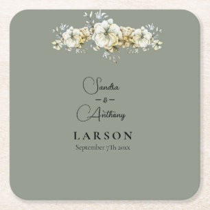 Sage Green Floral Wedding Square Paper Coaster