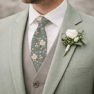 Sage Green Floral Wedding Tie with Vintage Roses