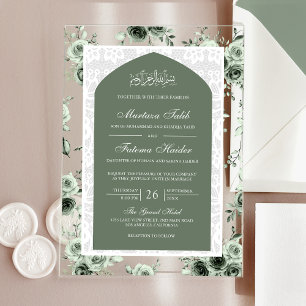 Sage Green Floral White Lace Arch Muslim Wedding Acrylic Invitations