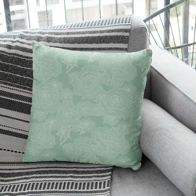 Sage green floral white pattern elegant modern cushion (Creator Uploaded)
