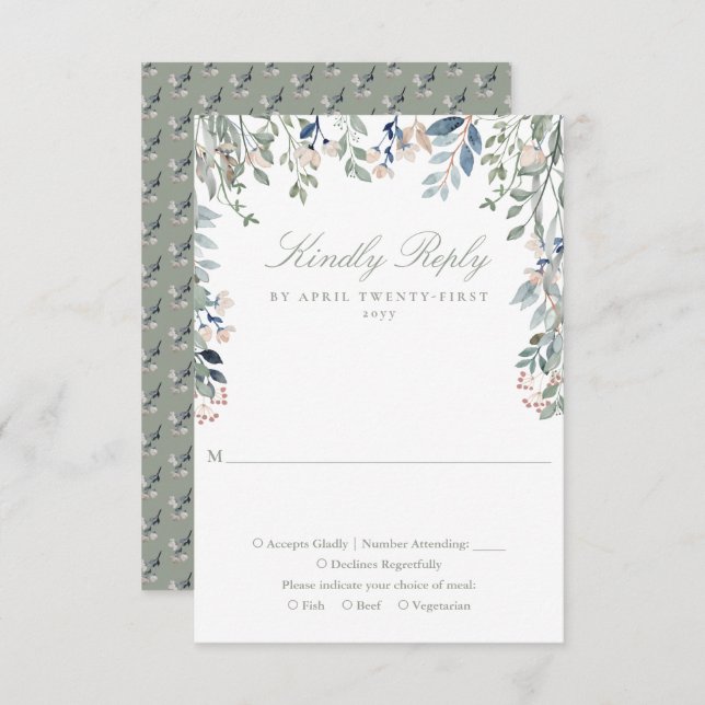 Sage Green Floral Wildflowers Wedding RSVP Card (Front/Back)