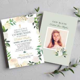 Sage Green Floral Wreath First Communion Girl Invitation