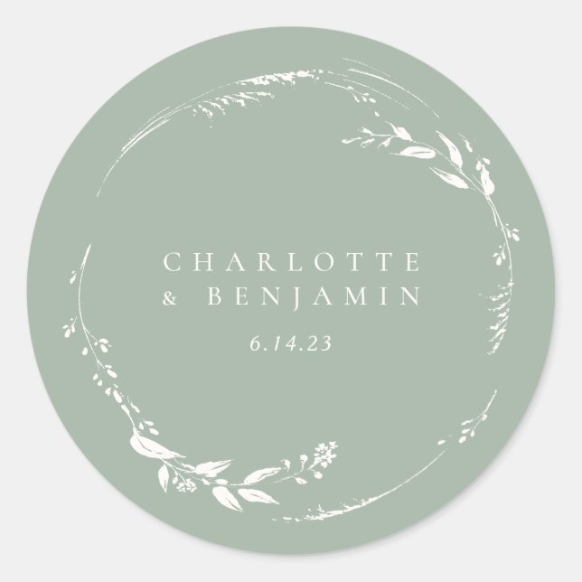 Sage Green Floral Wreath Monogram Personalised Classic Round Sticker (Front)