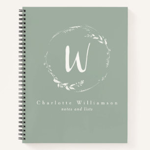 Sage Green Floral Wreath Monogram Personalised Notebook