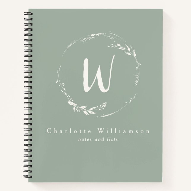 Sage Green Floral Wreath Monogram Personalised Notebook (Front)